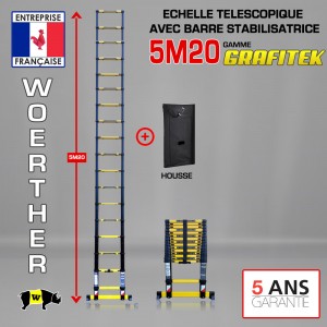 Echelle t&eacute;lescopique 5m 20 Grafitek avec barre stabilisatrice + Housse