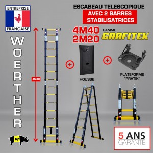 ECHELLE ESCABEAU 2 BARRES STABILISATRICES, MOD&Egrave;LE GRAFITEK 4M40/2M20 - PACK 2 (AVEC HOUSSE ET PLATEFORME "PRATIK")