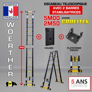 ECHELLE ESCABEAU 2 FONCTIONS - 2 BARRES STABILISATRICES, GRAFITEK 5M/2M50 - PACK 2 (AVEC HOUSSE ET PLATEFORME "PRATIK")