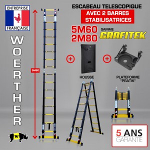 ECHELLE ESCABEAU TELESCOPIQUE 2 BARRES STABILISATRICES, GRAFITEK 5M60/2M80 - PACK 2 (AVEC HOUSSE ET PLATEFORME "PRATIK")