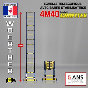 Echelle t&eacute;lescopique 4m 40 Grafitek avec barre stabilisatrice