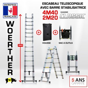 ECHELLE ESCABEAU DOUBLE FONCTIONS WOERTHER, MODELE CLASSIC 4.40M/2.2M - PACK 4 (AVEC HOUSSE ET SAC A OUTILS)