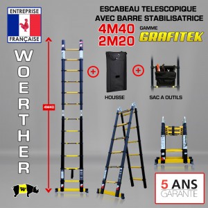 Escabeau télescopique Hauteur de 4M40/2M20 double barres stabilisatrices,  avec plateforme, en graphite