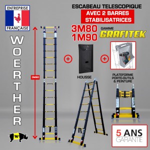 ESCABEAU DOUBLE BARRES STABILISATRICES, MOD&Egrave;LE GRAFITEK 3M80/1.9M - PACK 2 (AVEC HOUSSE ET PLATEFORME PORTE OUTILS & PEINTURE
