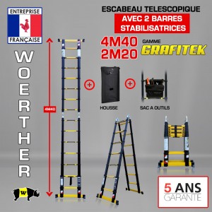 ECHELLE ESCABEAU WOERTHER 2 BARRES STABILISATRICES, GRAFITEK 4M40/2M20 - PACK 4 (AVEC HOUSSE ET SAC A OUTILS)