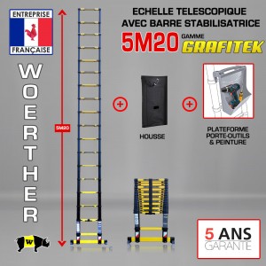 Echelle t&eacute;lescopique 5m20 GRAFITEK avec barres stabilisatrice + Housse + plateforme KOMBIK