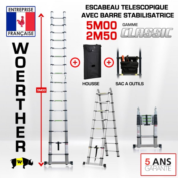 Escabeau télescopique Hauteur de 5M/2M5 avec housse (de transport