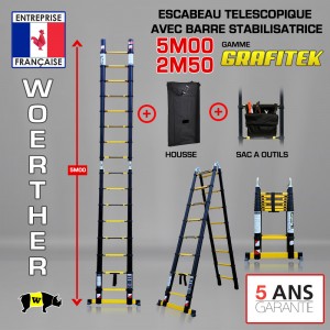 ECHELLE ESCABEAU DOUBLE FONCTIONS WOERTHER, MODÈLE GRAFITEK 5M/2M50 - PACK 4 (AVEC HOUSSE ET SAC À OUTILS )