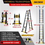 Echelle escabeau telescopique 5M/2M50 GRAFITEK avec 2 barres stabilisatrices + housse + sac à outils + plateforme "PRATIK"