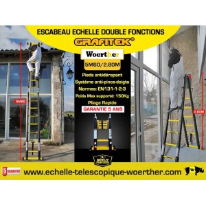 ECHELLE ESCABEAU 2 FONCTIONS WOERTHER 2 BARRES STABILISATRICES, GRAFITEK 5M/2M50 - PACK 4 (AVEC HOUSSE ET SAC A OUTILS) 