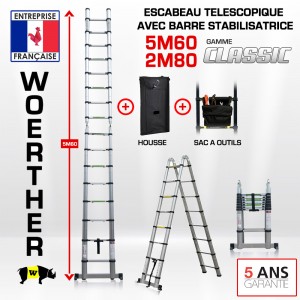 ECHELLE ESCABEAU DOUBLE FONCTIONS WOERTHER, MODELE CLASSIC 5.60M/2.8M - PACK 4 (AVEC HOUSSE ET SAC A OUTILS)