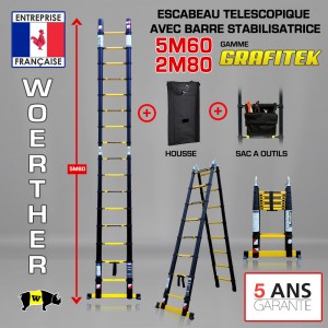 ECHELLE ESCABEAU DOUBLE FONCTIONS WOERTHER, MODÈLE GRAFITEK 5M60/2M80 - PACK 4 (AVEC HOUSSE ET SAC A OUTILS)