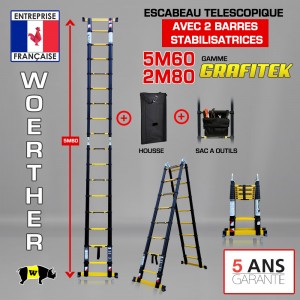 ECHELLE ESCABEAU 2 FONCTIONS WOERTHER - 2 BARRES STABILISATRICES, GRAFITEK 5M60/2M80 - PACK 4 (AVEC HOUSSE ET SAC A OUTILS)