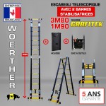 ESCABEAU DOUBLE FONCTIONS WOERTHER 2 BARRES STABILISATRICES, MODÈLE GRAFITEK 3M80/1.9M - PACK 4 (AVEC ROULETTES)