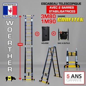 ESCABEAU 2 FONCTIONS WOERTHER 2 BARRES STABILISATRICES, MODÈLE GRAFITEK 3M80/1.9M - PACK 4 (AVEC HOUSSE ET SAC A OUTILS)