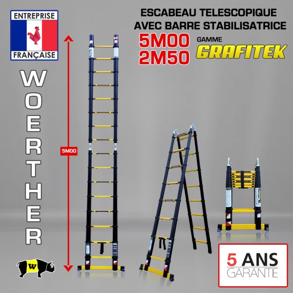 Echelle-escabeau télescopique Grafitek - avec double barres stabilisatrices  - 5 m - 2.50 m - Homme Prive