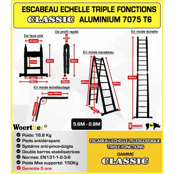 Escabeau télescopique 5m 60 double fonctions Woerther