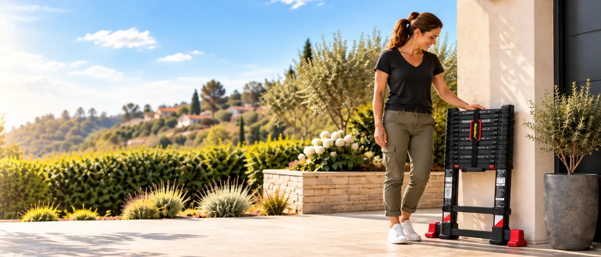 Échelle télescopique Woerther noire repliée à côté d'une maison, avec une femme sur la terrasse