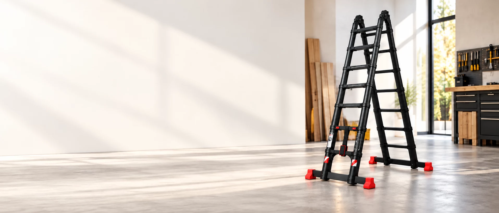 Illustration d’un escabeau télescopique dans un atelier de bricolage