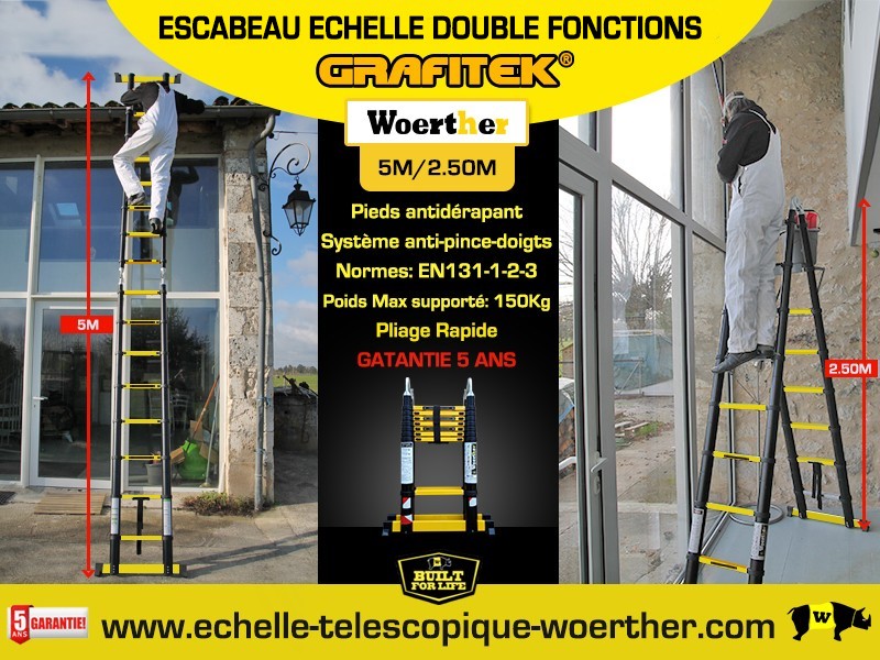 Echelle escabeau télescopique 5M double barres stablisatrices - Gamme Pro  Grafitek - Woerther