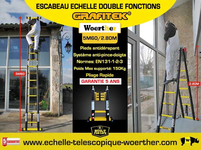 Echelle escabeau télescopique 5M double barres stablisatrices - Gamme Pro  Grafitek - Woerther