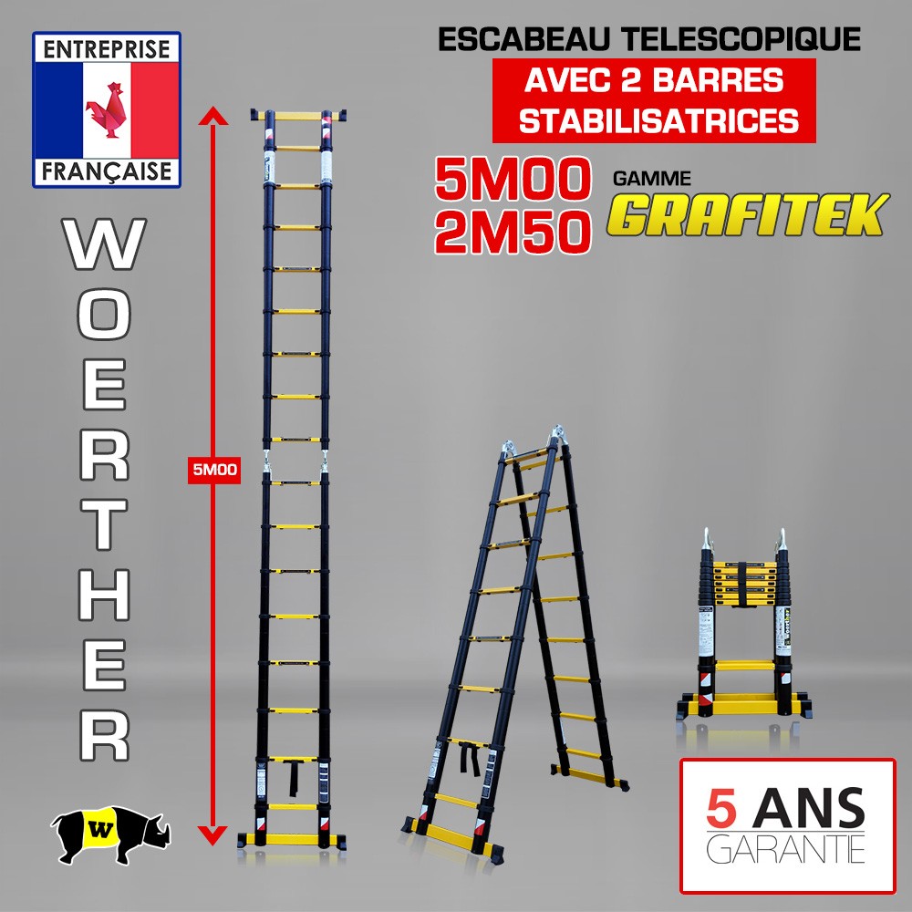 ECHELLE ESCABEAU DOUBLE FONCTIONS WOERTHER DOUBLE BARRES STABILISATRICES, GRAFITEK 5M/2M50 - PACK 1 (AVEC HOUSSE DE TRANSPORT)