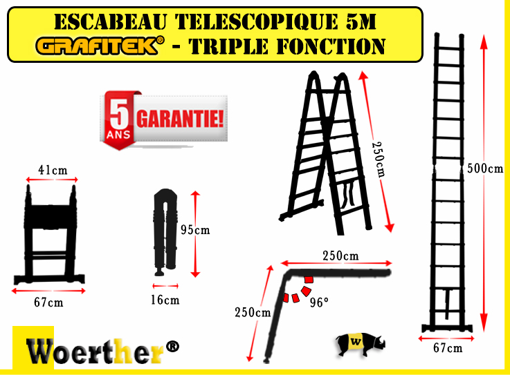 dimension echelle escabeau telescopique 5m grafitek